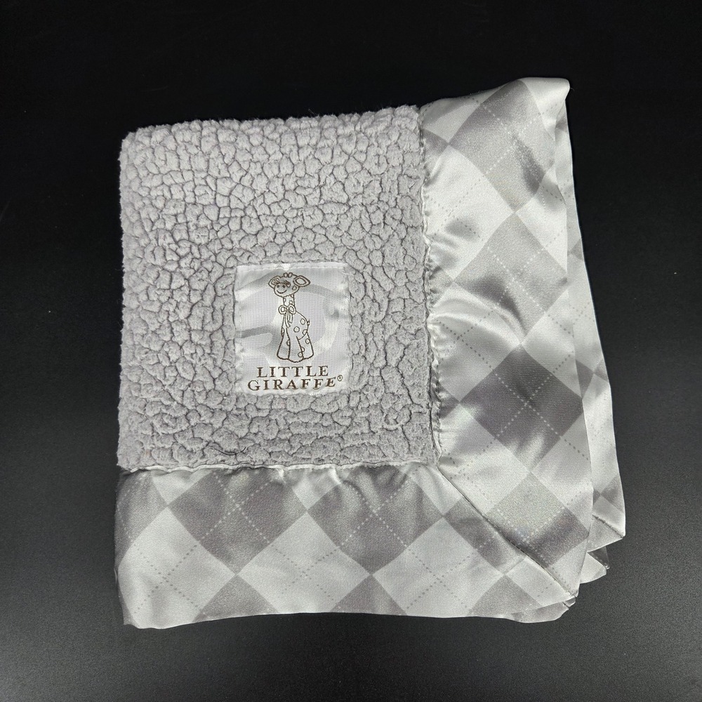 Little Giraffe Chenille Baby Lovey Blanket Grey White Plaid Satin Trim Luxe